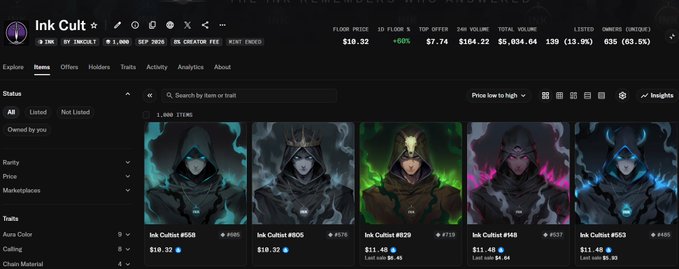 A webpage for 'Ink Cult' NFT collection displaying floor price of $10.32, top offer $7.74, and listings including 'Ink Cultist #668', '#805', '#829', '#948', and '#553' at prices around $10-11.