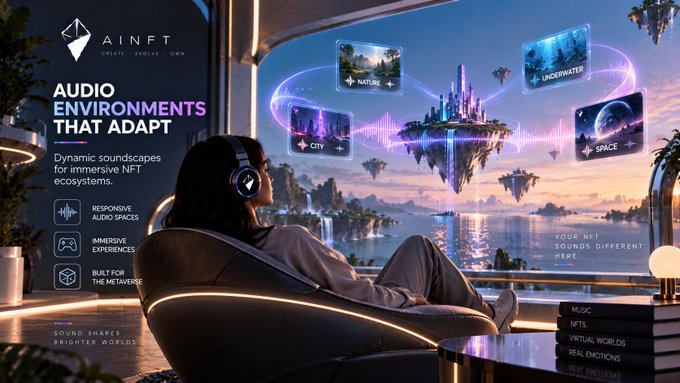 An advertisement for AINFT showcasing 'AUDIO ENVIRONMENTS THAT ADAPT' with a woman wearing headphones in a futuristic setting, featuring floating islands and category tags for NATURE, UNDERWATER, CITY, and SPACE environments.