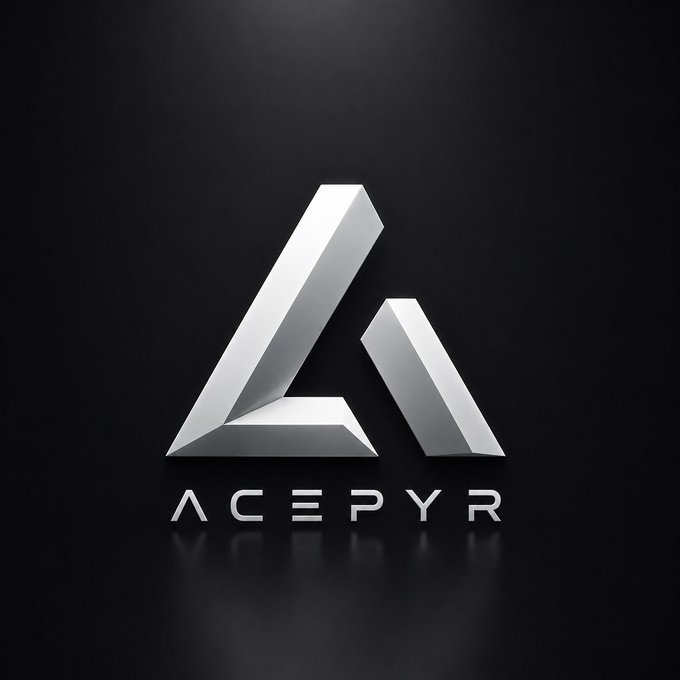 A sleek 3D silver metallic logo featuring a stylized triangular 'A' design with the text 'ACEPYR' beneath it, set against a dark background with a subtle reflection.