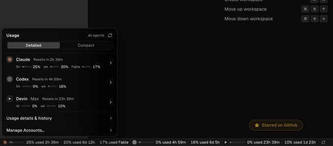 A Claude Code usage statistics panel displays detailed information for agents including Claude (25% used, 2h 39m, 17% Failable), Codex (16% used, 4h 59m), and Devin (10% used, 23h 39m).