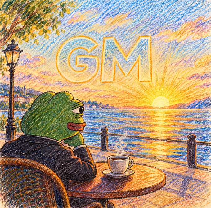 A whimsical illustration depicting a green frog-like character in a suit drinking coffee at a table by the sea at sunset, with the large text 'GM' (Good Morning) displayed in the sky.