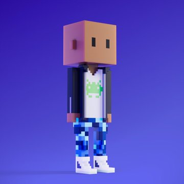 A 3D voxel/blocky character with a cardboard box for a head, wearing a dark jacket, white shirt with a green alien logo, and blue pixelated pants, standing against a purple background.