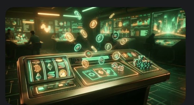 A futuristic cryptocurrency casino or trading terminal glowing with neon screens, floating digital coins, slot reels, dice, and card-game graphics.
