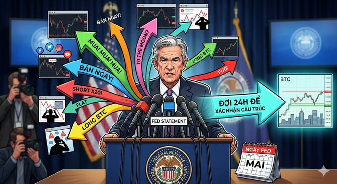 A political cartoon-style illustration of Federal Reserve Chair Jerome Powell at a 'FED STATEMENT' podium, with various arrows indicating trading predictions like 'LONG BTC', 'BÁN NGÀY!', and 'SHORT X20!' in Vietnamese.