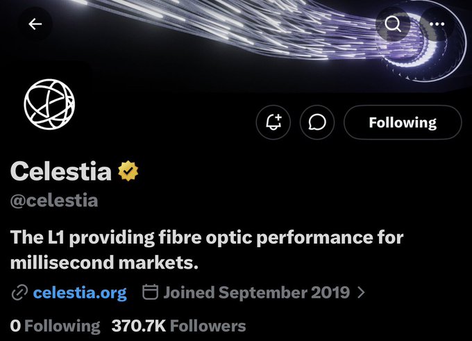 A Twitter/X profile page for **Celestia (@celestia)**, a verified account with 370.7K followers, describing itself as "The L1 providing fibre optic performance for millisecond markets," with the website celestia.org and joined September 2019. The caption complements the post by showing the verified Celestia profile the user just followed, referencing anticipation for upcoming developments in August.