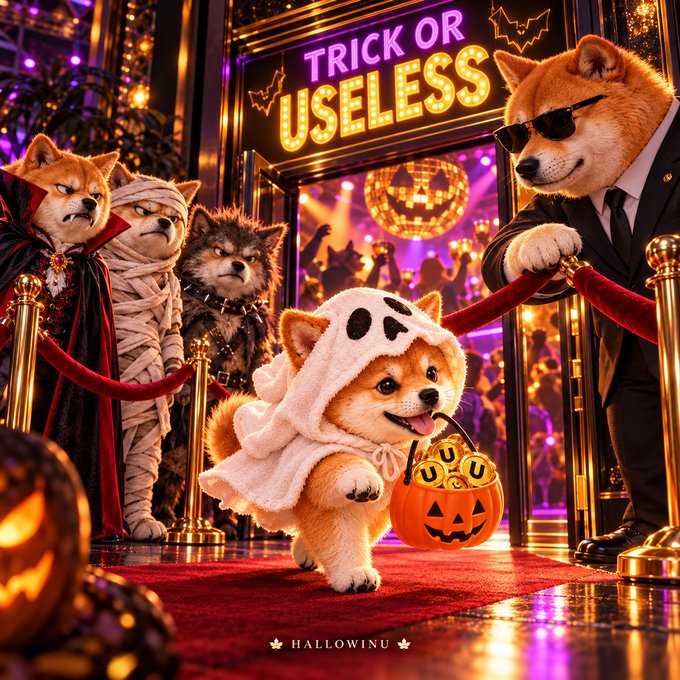 A festive Halloween-themed digital illustration featuring a dog in a ghost costume holding a jack-o'-lantern bucket with 'U' coins, a dog bouncer in sunglasses, and a sign reading 'TRICK OR USELESS' with 'HALLOWIN' at the bottom.