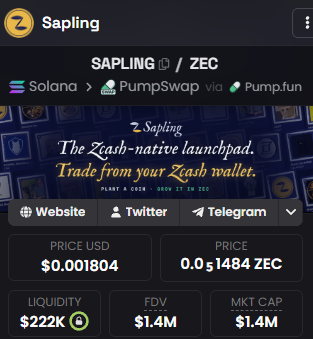 A Sapling token page shows “SAPLING / ZEC” via Solana > PumpSwap via Pump.fun, with price, liquidity, FDV, and market cap figures.