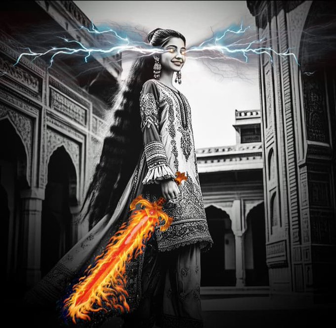 The image features a woman with long hair, dressed in traditional Indian clothing, holding a sword that appears to be burning or glowing orange. The background includes an ornate building, suggesting a historical or cultural context. The caption of the image reads "good morning sunday i just woke up, weather is nice here today so i am going to touch grass also I checked my applications on @wallchain still ?".