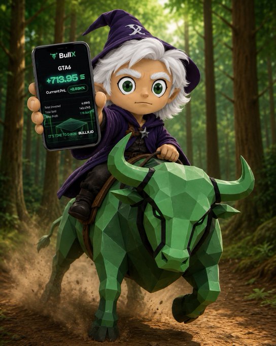 A wizard character in a purple pointed hat rides a geometric green bull through a forest, holding up a phone displaying the "BullX" trading app with "GTA6" and "+713.96" visible on screen. The image visually promotes the BullX trading platform, using the charging bull as a metaphor for bullish gains and the wizard's confident expression to suggest the platform's promising features like zero fees and airdrops mentioned in the post.