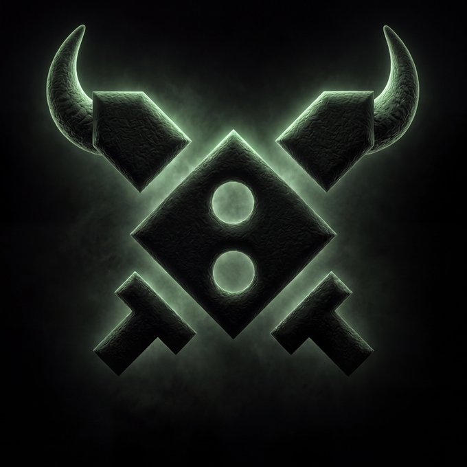 A dark, ominous 3D emblem featuring a diamond shape with two circles and horn-like protrusions, glowing in green against a black background.