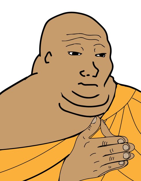 The image features an illustration of a monk wearing an orange robe, with his hands placed together in front of him as if he's praying or meditating. The monk appears to be in a contemplative pose, suggesting that he might be seeking inner peace or guidance. The image also includes text that reads "been buying $wojak launches since early 202f, knowing that when one takes off, it'll be big did the same with $troll, 5 launches, over a year until 1 actually formed a community & stuck I think wojak on sol has finally stuck". This adds an interesting layer of depth to the image and provides context about the monk's spiritual journey.