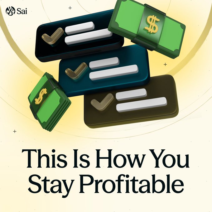 A 3D graphic with the text "This Is How You Stay Profitable" showing checkmark UI elements and stacks of cash with dollar signs, branded with the "Sai" logo.