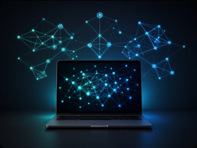 A conceptual image of a laptop with a glowing blue neural network or blockchain pattern emerging from its screen into a dark space.