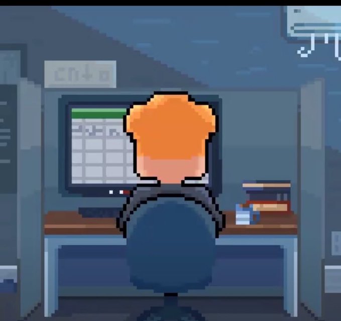 A pixel-art scene of an orange-haired person sitting in an office chair facing a computer monitor displaying a spreadsheet, with books on the desk and a security camera in the upper right corner.