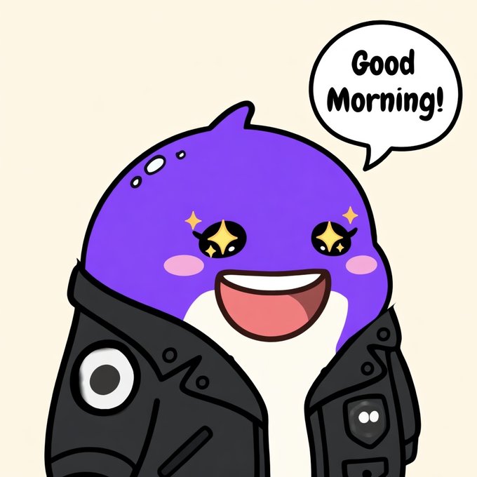 A cute cartoon purple orca/shark character with sparkly star eyes, wearing a black jacket, with a speech bubble saying 'Good Morning!'