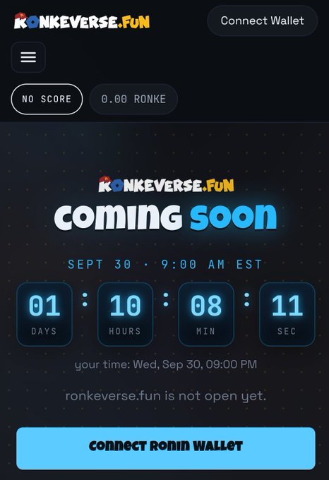 A countdown page for 'RONKEVERSE.FUN' showing 'coming soon' with a timer indicating 1 day, 10 hours, 8 minutes, and 11 seconds until launch on September 30.