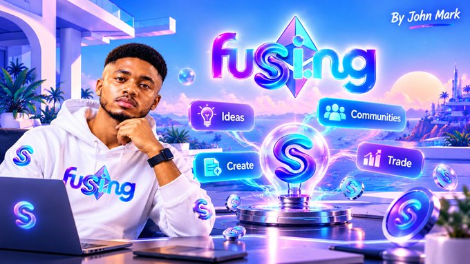 A young man wearing a "Fusing" hoodie sits at a laptop beside a vibrant digital display featuring the Fusing logo and four labeled pillars—"Ideas," "Create," "Communities," and "Trade"—with floating "S" tokens surrounding a glowing central emblem. The image visually reinforces the post's concept of fusing ideas, communities, and markets into tradable tokens through the Fusing platform, branded "By John Mark."