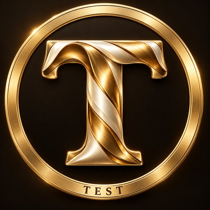 A luxurious 3D golden emblem featuring a stylized letter 'T' in the center, encircled by a gold ring with the word 'TEST' inscribed at the bottom.