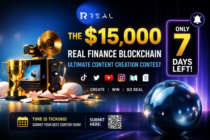 The main focus of this advertisement is a digital post on the Real finance blog discussing a contest. The post highlights a $15,000 reward for anyone who creates valuable content related to finance, content creation, or any other topic that falls under the REAL Finance Ultimate Content Creation Contest category. The image includes various items such as a camera and cups, which could be props or symbols used in the contest's entry process. There are also several social media logos visible on the post, indicating the need for creativity and engagement with relevant platforms to participate effectively in this contest.