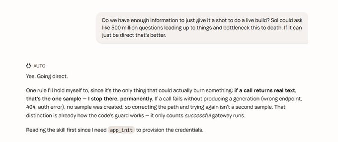 A chat conversation discussing whether there's enough information for a live build, with an automated reply confirming they are going direct and explaining that a successful API call counts as one sample.