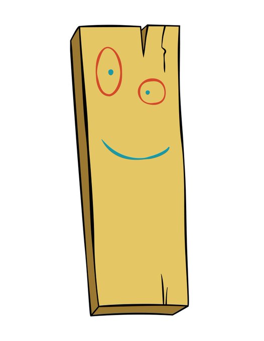 A cartoon illustration of a smiling, yellow rectangular wooden block character with uneven eyes and a crack on its top edge.