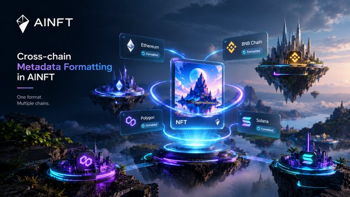 A promotional graphic for AINFT titled 'Cross-chain Metadata Formatting in AINFT' with the tagline 'One format. Multiple chains,' showing interconnected NFT platforms for Ethereum, BNB Chain, Polygon, and Solana.