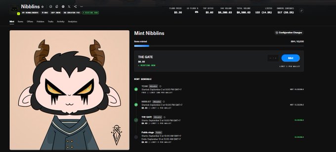 Screenshot of the Nibblins NFT project website showing a horned character artwork and a minting interface with a 'Limit 1 Per Wallet' constraint.
