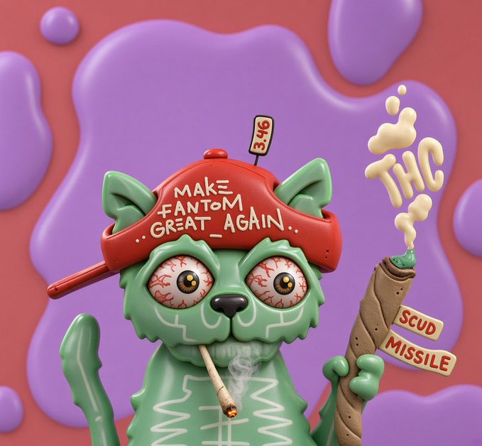 A 3D illustration of a green zombie-like creature wearing a red 'MAKE FANTOM GREAT AGAIN' cap, smoking a joint and holding a THC blunt, with '3.46' and 'SCUD MISSILE' tags.