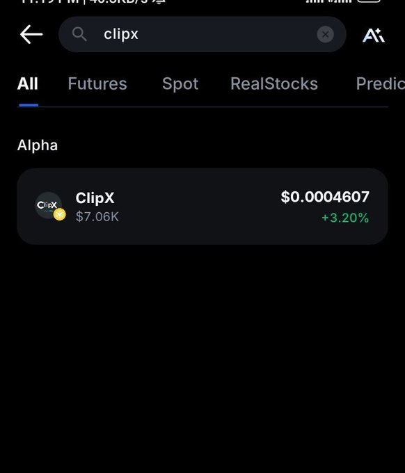 The image shows a cryptocurrency exchange search result on what appears to be MEXC, displaying "ClipX" ($CLIPX) with a current price of $0.0004607, showing a +3.20% gain, and a market cap of $7.06K, listed under the "Alpha" category. This visually supports the post's claim about $CLIPX being listed on the Alpha section of MEXC.