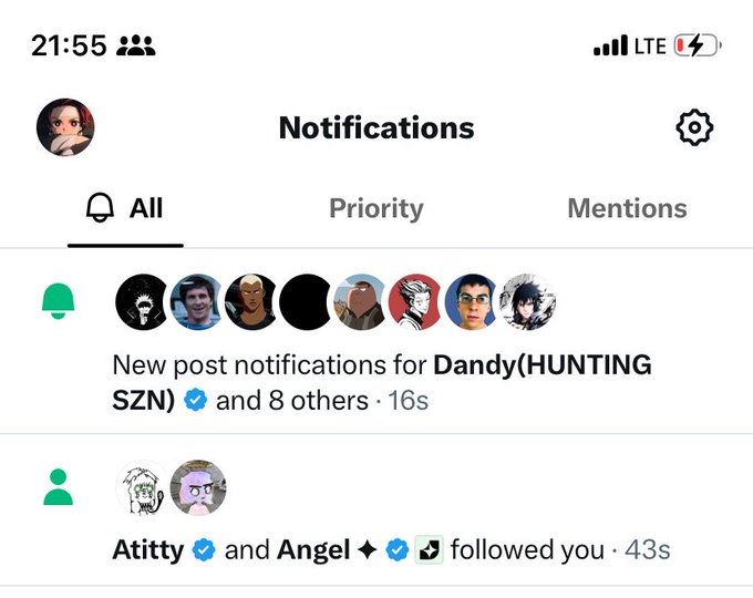 A smartphone screenshot of a "Notifications" page with tabs for "All," "Priority," and "Mentions" shows alerts including a new post by "Dandy(HUNTING SZN)" and a follow from "Atitty and Angel."