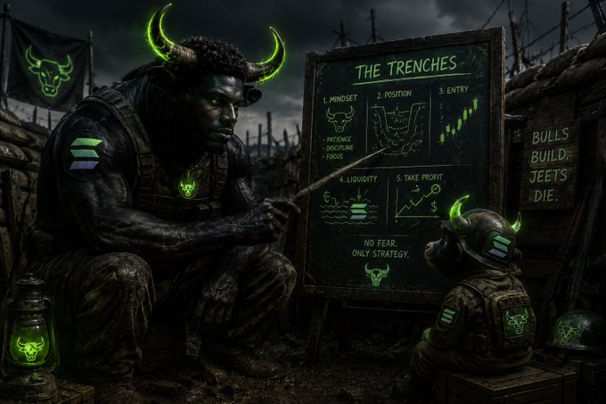 A horned, glowing green-eyed bull commander in a dark trench instructs a small soldier beside a chalkboard titled "THE TRENCHES," which outlines a 5-step strategy: 1. Mindset (Patience, Discipline, Focus), 2. Position, 3. Entry, 4. Liquidity, 5. Take Profit, with the note "No Fear, Only Strategy" and a sign reading "Bulls Build, Jeets Die." The bull-headed, disciplined war-room aesthetic directly reinforces @blknoiz06's (Ansem) signature bullish, strategic crypto trading ethos.