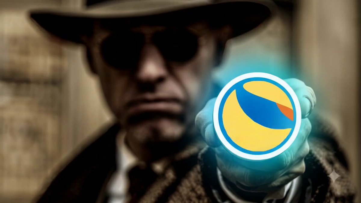 The image features a man wearing sunglasses, a hat, and a coat with a logo on his left hand. He is holding up an object that has a blue and yellow design on it. The background of the image appears to be a wall or a building, but there are no other objects in the scene. The man's attire suggests he might be dressed for colder weather, possibly indicating that they are indoors or in a cold environment. The logo on his hand is related to the post "Crypto Tempest: The Classic Path $LUNC".