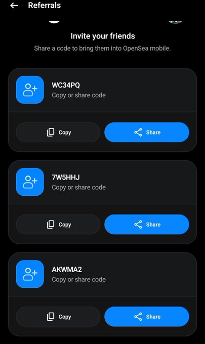 A mobile app screen titled 'Referrals' on OpenSea mobile shows three invite codes (WC34PQ, 7W5HHJ, AKWMA2), each with 'Copy' and 'Share' buttons.