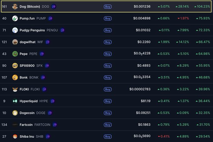A cryptocurrency ranking list showing Dog (Bitcoin) DOG at rank 161 with $0.001236 and 104.23% gain, followed by Pump.fun PUMP, Pudgy Penguins PENGU, dogwifhat WIF, Pepe PEPE, and others.