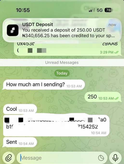 The image shows a cell phone screen displaying text messages from a user named "Cool". There are two messages, one of which reads "How much am I sending?" The other message contains information about USDT deposits and transactions.