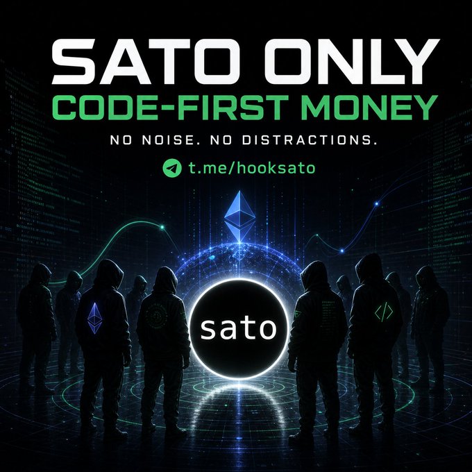 A promotional graphic with "SATO ONLY CODE-FIRST MONEY" and "NO NOISE. NO DISTRACTIONS." alongside the Telegram link "t.me/hooksato", featuring hooded figures surrounding a glowing Ethereum logo.