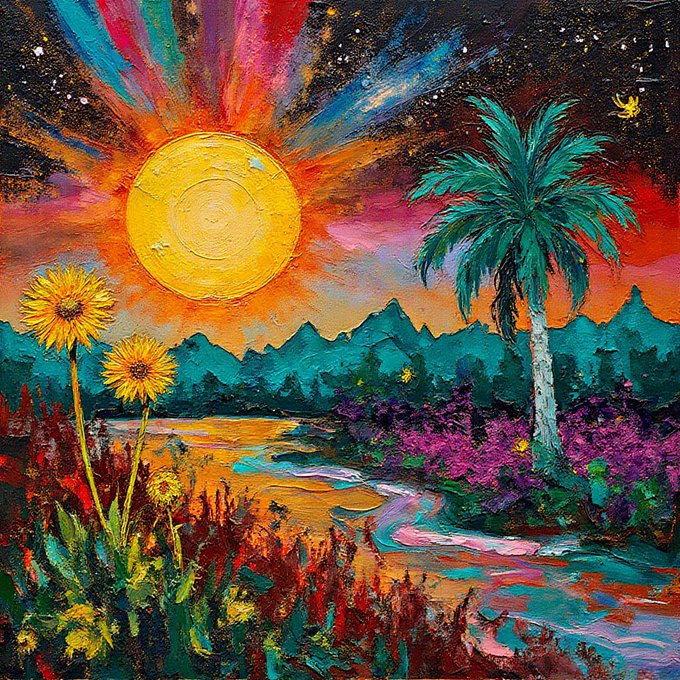A vibrant impressionistic painting of a tropical landscape with a bright yellow sun, sunflower, palm tree, colorful flowers, and winding stream against a multi-colored sky.