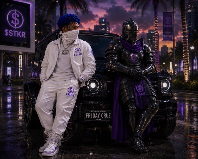 Two figures—one in a white tracksuit with blue hair and a face covering, the other in full black knight armor with a purple cape—lean against a black SUV with a license plate reading 'FRIDAY CRUZ', featuring '$STKR' branding and set in a neon-lit cityscape.