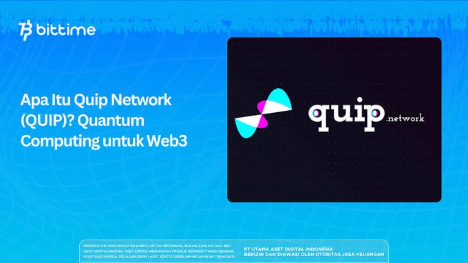 A promotional graphic for Bittime with the title "Apa Itu Quip Network (QUIP)? Quantum Computing untuk Web3" alongside the Quip Network logo, suggesting an educational article about Quip Network's role in quantum computing for Web3. The accompanying post discusses smart contract security vulnerabilities in DeFi protocols, highlighting a common concern about code-level weaknesses that projects like Quip Network may aim to address.