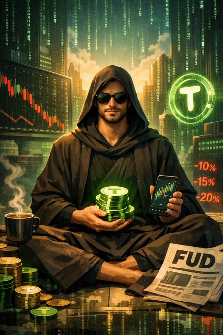 A hooded figure sits cross-legged in a meditative pose amid falling market indicators, clutching a stack of green T tokens (Tao) while holding a phone showing a declining chart, with "FUD" newspapers and red "-10%, -15%, -20%" losses scattered around—visually capturing the contrast between Crypto Twitter's panic and the poster's zen-like accumulation during the dip.