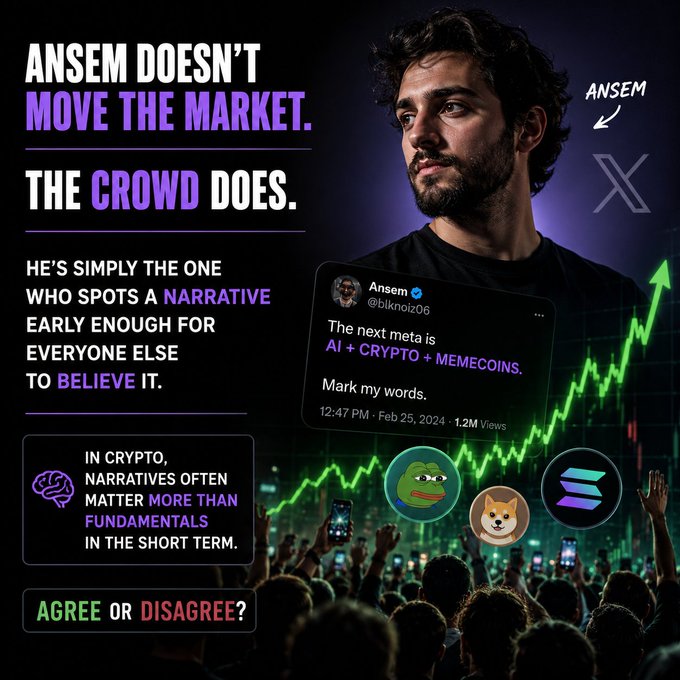 Crypto promotional graphic about Ansem with text 'ANSEM DOESN'T MOVE THE MARKET. THE CROWD DOES.' featuring a tweet from @blknoiz06 predicting 'AI + CRYPTO + MEMECOINS' as the next meta.