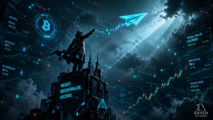 A futuristic cyberpunk illustration shows a cloaked figure standing atop a digital skyscraper beneath a glowing Bitcoin symbol and a paper plane, reaching toward a data stream. The figure's base displays "RESIST. DECENTRALIZE. ASCEND." while surrounding screens show tickers like "RAVEN SRVN +24.7%", "BITCOIN $BTC +3.2%", "ETHEREUM $ETH +5.8%", and metrics such as "TOTAL VALUE LOCKED $86.6B +6.3%" and "CDP PULSE 78.2 +4.1%", with the Raven Network logo visible — visually echoing the "GN fam" greeting as a rallying call to the crypto community to rise and build a decentralized future.