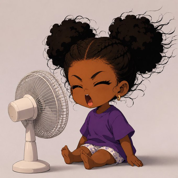 An illustration of a young Black girl with two large afro puffs sitting on the floor in a purple shirt and floral shorts, joyfully facing a standing electric fan with her eyes closed and mouth open.