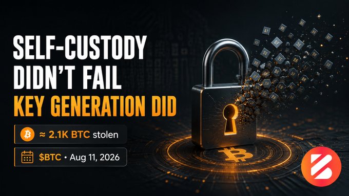 A crypto news graphic reading 'SELF-CUSTODY DIDN'T FAIL — KEY GENERATION DID' showing a breaking padlock with Bitcoin keys, noting '≈ 2.1K BTC stolen' on '$BTC • Aug 11, 2026'.