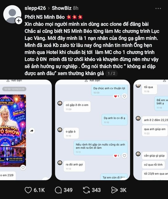 A Vietnamese social media post titled 'Phốt NS Minh Béo' showing screenshots of chat messages accusing a person of inappropriate behavior.