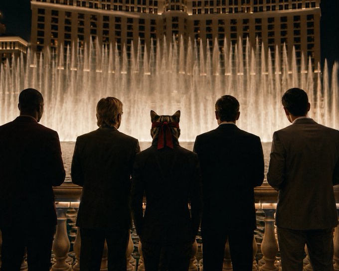 Five figures stand with their backs to the camera, looking out at the illuminated Bellagio fountains at night; four are men in suits and the central figure is a humanoid cat with a red bow.