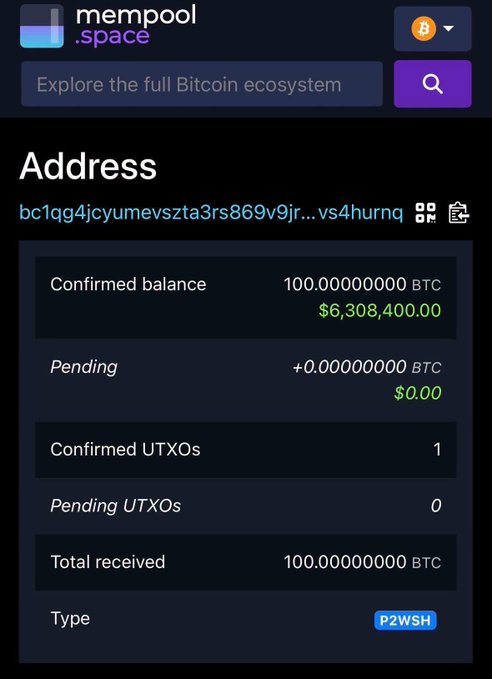 A mempool.space address page showing a confirmed balance of 100.00000000 BTC (~$6,308,400.00) at address bc1qg4jcyumevszta3rs869v9jr...vs4hurnq with 1 confirmed UTXO and P2WSH type.
