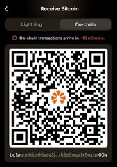A mobile wallet interface displays a "Receive Bitcoin" screen with the "On-Chain" tab selected, showing a QR code with the orange Bitcoin logo in the center and a partial on-chain address (bc1qpotmhig...rh2s5vgatfx9nzp1n0a) visible at the bottom. The image relates to the post by illustrating an on-chain Bitcoin receive address that could be used for swapping to Lightning.