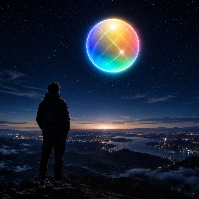 A silhouetted figure in a hoodie stands on a rocky mountain peak overlooking a vast, glowing cityscape and lake at twilight, gazing up at a large, luminous, multicolored sphere floating in a starry night sky.