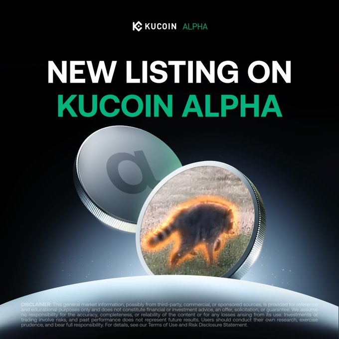 KuCoin Alpha announces a new listing for $Jimothy (USDT pair on Solana chain), featuring a metallic coin branded with a "J" alongside a fiery raccoon emblem, matching the "Jimothy" token name highlighted in the announcement.